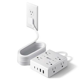 15Ft Long Extension Cord, Surge Protector Power Strip with 8 Outlets & 4 USB Ports (2 USB C), Flat Plug Power Strip Wall Mountable, Desk Charging Station for Home Office, College Dorm Room Essentials