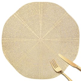 fanquare Round Placemats Set of 6, 15" Lotus Leaf Hollow Out Vinyl Dining Table Mats Washable Metallic Plastic Mats for Kitchen Wedding Party, Gold