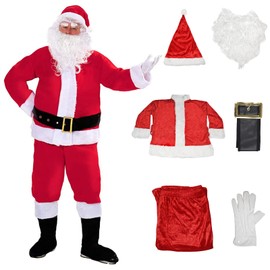 ReneeCho Men Christmas Santa Claus Costumes Suit Adults 6pcs Deluxe Velvet