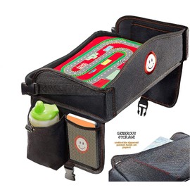 Coolmum Kids Travel Tray, Toddler Car Seat Tray, Double Sided Activity Organizer, Snack Lap Tray, Baby Stroller Table, Airplane Play Table, Waterproof and Foldable (Premium Black)