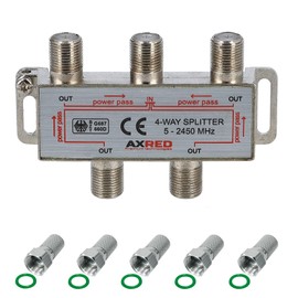 Axred Satellite Splitter 4-Way + 5x Anadol F-Connectors, for Distribution of 1 Antenna Signal to 4 Devices (Receiver/TV/FM Radio) 3-Way Satellite Splitter Satellite Switch Antenna Splitter