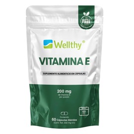 Wellthy Vitamina E 60 Cápsulas. 200mg de Vitamina E por porción, solo una Cápsulas al día, 60 porciones por envase para 2 meses de consumo. Bottle Free.