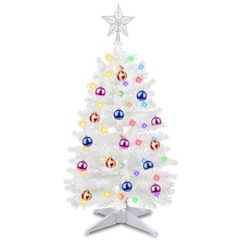 3 Ft Premium White Christmas Tree Dual Color Change 12 Modes Timer DIY 50 Warm White & Colored Lights 15 Ball Ornaments Star Battery Operated Small Artificial Full Xmas Tree Table Indoor Holiday Decor