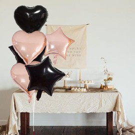 6Pcs Rose Gold Black 18 Inch Foil Star Heart Balloons,Natural Latex Balloons for Men Women Birthday, Valentines Day,Propose Marriage,Wedding, Bridal Shower, Graduation, Casino Theme Party Decorations