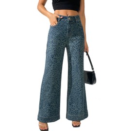 heipeiwa Women's Leopard Rhinestone Flare Jeans High Waist Bell Bottom Wide Leg Baggy Stretch Denim Pants