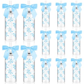 Jingmore 12 Pcs 14 oz Blue Bow Plastic Cups Reusable Coquette White Florets Aesthetic Cute Bottles with Lids and Straws with Ribbon Bow for Women Birthday Bridal Shower Wedding Gifts Party Supplies