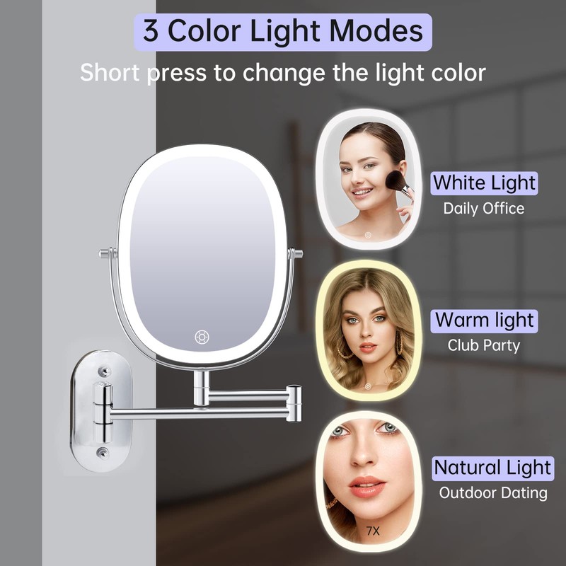 FUNTOUCH 9" Wall Mounted Lighted Makeup Mirror, Rechargeable Double Sided