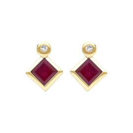 Ivy Gems 9ct Yellow Gold 3mm Square Cut Ruby and Diamond Stud Earrings