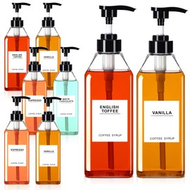 Nuogo 8 Pcs Coffee Syrup Bottles 25.4 Oz/750ml Syrup Pump Dispenser Pump Bottle for Coffee Empty Black Bottle with 27 Comprehensive Labels Kitchen Accessories