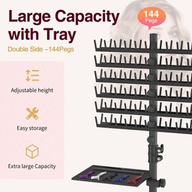 Hemndic Braiding Hair Rack with Tray, 2-sided 144 Pegs, Heavy Duty Braiding Rack Stand for Hair, Height Adjustable Standing Hair Extension Holder with Storage Bag & Braiding Accessories