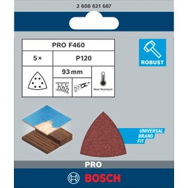 Bosch 5x PRO Paint on Wood and Hardwood F460 Sanding Sheet for Multitools (for Paint on wood, Hardwood, Ø 93x93 mm, Grit 120, Professional Accessory Multitool, Delta Sander)