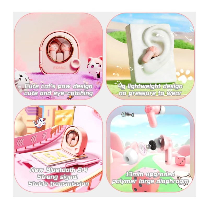 Cute Cat Claw Bluetooth5.4 Earphones, Wireless Earphones with 0.06s Low