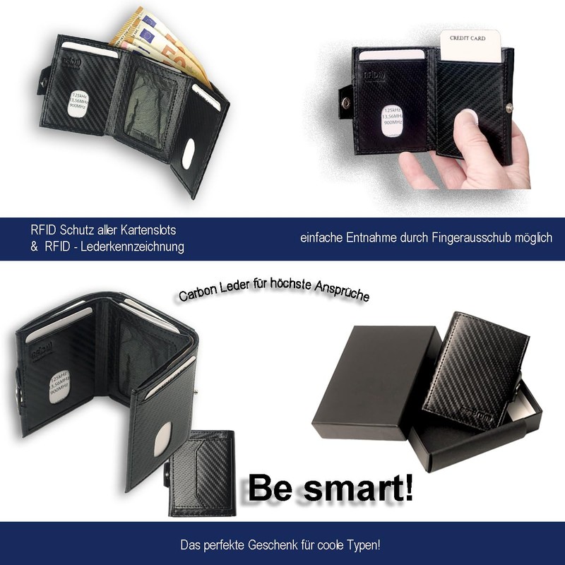 Slim Wallet Deluxe, Carbon leather black with comfort coin compartment,