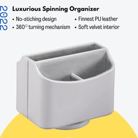 LAMOTI Leather Remote Control Holder, 360° Spinning TV Remote Caddy for Table, 5-Compartment Desk Organizer for Universal Remotes, Phones, Tablets, Pens, Eyeglasses & More (Grey)