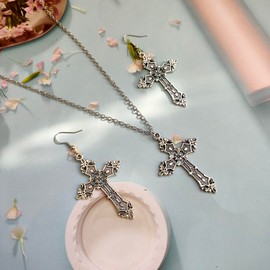 Dishowme 3 Pieces Gothic Cross Necklace Earrings Sets Vintage Punk Vampire Crucifix Necklace Jewellery Sets for Women Religious Christian Prayer, One size, Alloy Steel, No Gemstone
