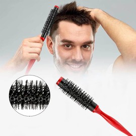 Qtopun Mini Round Hair Brush With Comb Cleaner, Small Roller Round Comb for Blow Drying Portable Quiff Roller Curling Styling Hair Brush with Wooden Handle and Nylon Bristles