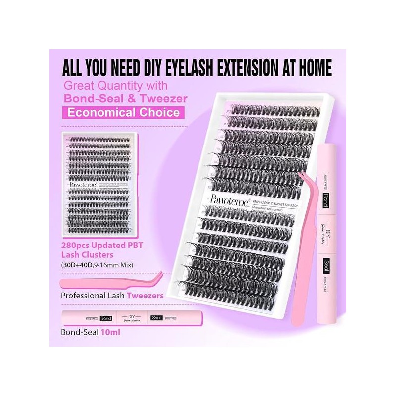 Pawotence 속눈썹 연장 키트 DIY 280pcs 클러스터 키트, 9-16mm 30D