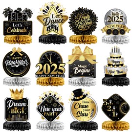 KatchOn, Big New Year Honeycomb Centerpieces Decorations - Pack of 12 | Happy New Year Theme Table Toppers, Happy New Years Decorations 2025 | New Years Eve Centerpieces, New Years Eve Party Supplies