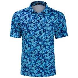 TAPULCO Men's Golf Polo Shirts Funny Print Short Sleeve UPF 50+ Anti UV Quick Dry Fit Athletic Performance Shirts for Golf, Tennis & Casual Wear Blue Leaf Medium