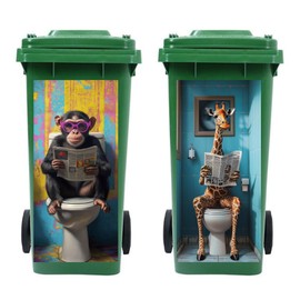 Peacoblue Wheelie Bin Stickers 2 Sheets Giraffe and Gorilla on Toilet Sticky Dustbin Stickers Decal, 15in x 32in Waterproof Large Wraps for Trash Cans Bins Driveway Garden Outdoor Indoor Patio Decor