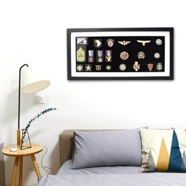 Military Shadow Box Frame,Military Medal Display Case,Memorabilia Display Cases,Pin Display Case,21.8"x10.2"Solid Wooden HD Glass Medal Display Case,Police Badge Display Case（Black ﻿ ﻿