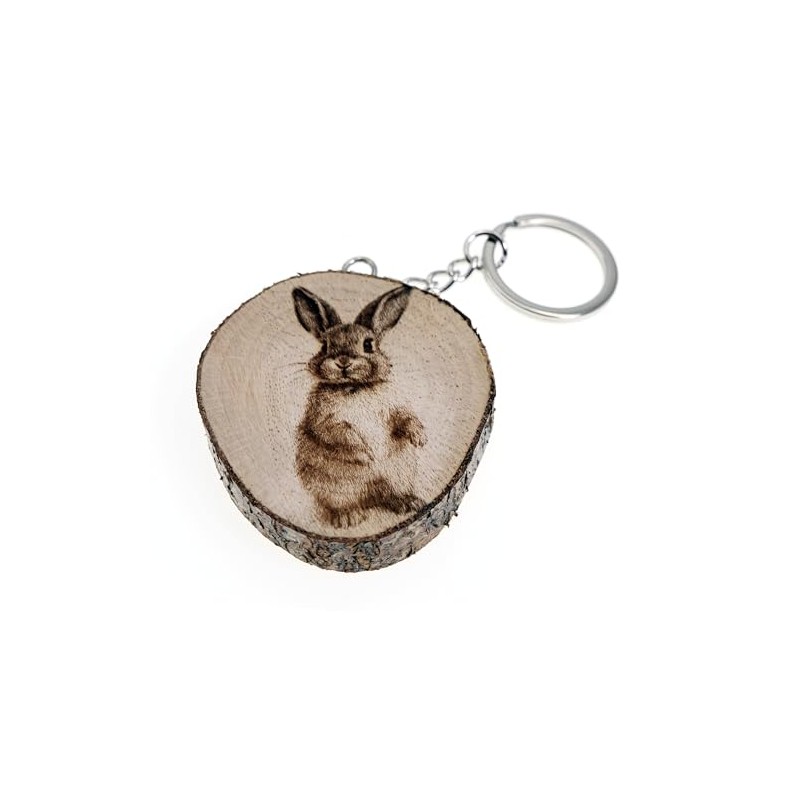 Generico Keyring Made of Natural Wood with Rabbit Farm Animal,