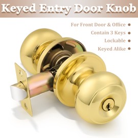 Probrico Entrance Door Knobs Door Lock Keyed Alike Lockset Polished Brass Same Key Round Ball Entry Door Knobs Pack of 2