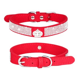 Pimaodog Rhinestone Dog Collar, Cute Dazzling Sparkling Soft Suede Leather Adjustable Pet Dog Cat Collar Crystal Diamond for Puppy Small Medium Large Dogs (S:26-32cm, Red-4)
