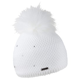 SABBOT Schick Women's Hat with Fur Bobble Fleece Lining Winter Hat Knitted Hat with Rhinestones Warm Cap, White