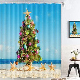 Cortina de ducha de tela de árbol de Navidad para verano, playa tropical, Navidad en julio, Año Nuevo, cortina de ducha para baño, cortina de baño de Navidad con ganchos, 69 x 70 pulgadas