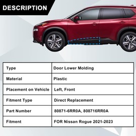SecosAutoparts Front Driver Side, Lower Door Trim Molding, Fit for Nissan Rogue 2021 2022 2023 1.5L l3/2.5L l4, Replace# 80871-6RR0A 808716RR0A, Door Panel