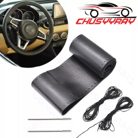 CHUSYYRAY Car Auto DIY Black Genuine Leather Steering Wheel Cover Wrap Sew-on Kit 37-38cm