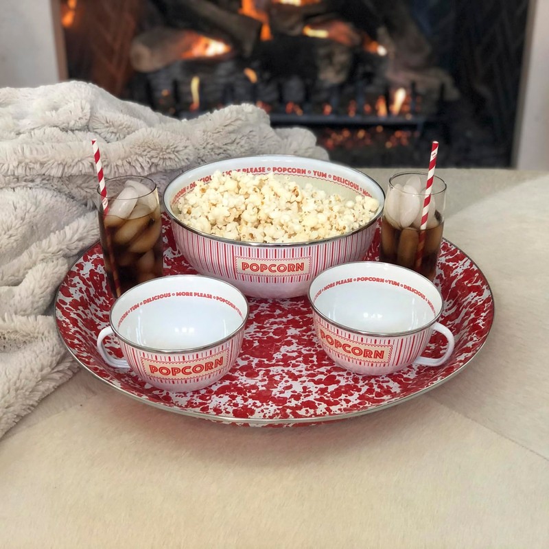 Golden Rabbit Enamelware Popcorn Bowls with Handle, 24 ounce, Showtime,