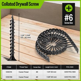 meite Collated Drywall Screws, #6 x 1-5/8" Coarse Thread Wood Screws for Drywall Screw Gun, Phosphate Finish Black Screws for Drywall to Wood (1,000 Counts)