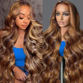 AUABEAUTY 28 Inch Honey Blonde Ombre Lace Front Wig Human Hair 250 Density 13x4 Highlight Lace Front Wigs Human Hair Pre Plucked 4/27 Body Wave HD Lace Frontal Wig Human Hair for Women