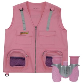 Combination Set: 1 Eagle Eye Explorer Kids Cargo Vest with Reflective Safety Straps & 1 8x21 Magnification Binoculars with Soft Rubber Eye Piece for boys & girls Waterproof & Shock-Resistant. Pink S/M