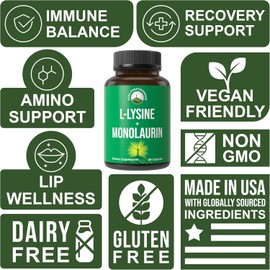 Peak Performance L Lysine 1000mg + Monolaurin 500mg High Potency Supplement for Lips, Skin, & Immune Support