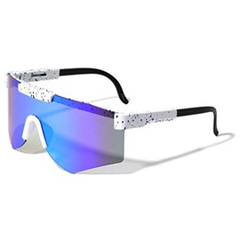 Dweebzilla Pensacola Semi Rimless Wrap Around Shield Aviator Sunglasses (White & Black Frame, Blue Purple Flash Lens)