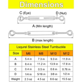 Turnbuckle with Nut Lsqurel 10pcs 304 Stainless Steel Turnbuckle Eye and Eye Heavy Duty Tensioner Hardware for Tensioner Shade Sail Cable Wire 1/4 5/16 3/8 1/2"