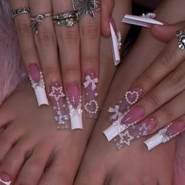 MISUD Press on Nails Extra Long Square Fake Nails Glossy Glue on Nails Pink White Acrylic Nail Supplies Squoval Artificial Nail Art Cute Bow Stick on False Nails with Bling Glitter Design DIY 24 pcs