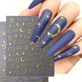 8 Sheets Flame Snake Nail Art Adhesive Sticker 3D Self-Adhesive Nail Decals Art Design Holographic Moon Sun Nail Art Sticker Decoration for Women Manicure Tips Acrylic Nails DIY Nails Art Supplies