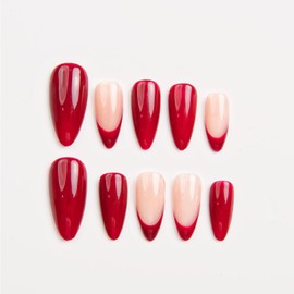 Basic Design with Chrome, French, Light Star Almond Press On Nails, Classic Design Fake Nails for Chrismast Event, Wedding Event, Prom, Party (S003, S)