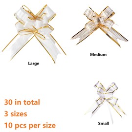 30 Pcs Pull Bows, Large Medium Small (7.9 Inch, 5.7 Inch, 3.3 Inch) White Wrapping Pull Bow Ribbon for Gift Basket Wrapping, Hamper Making, Party Decorations Wedding Flower Birthday Gift Decorations