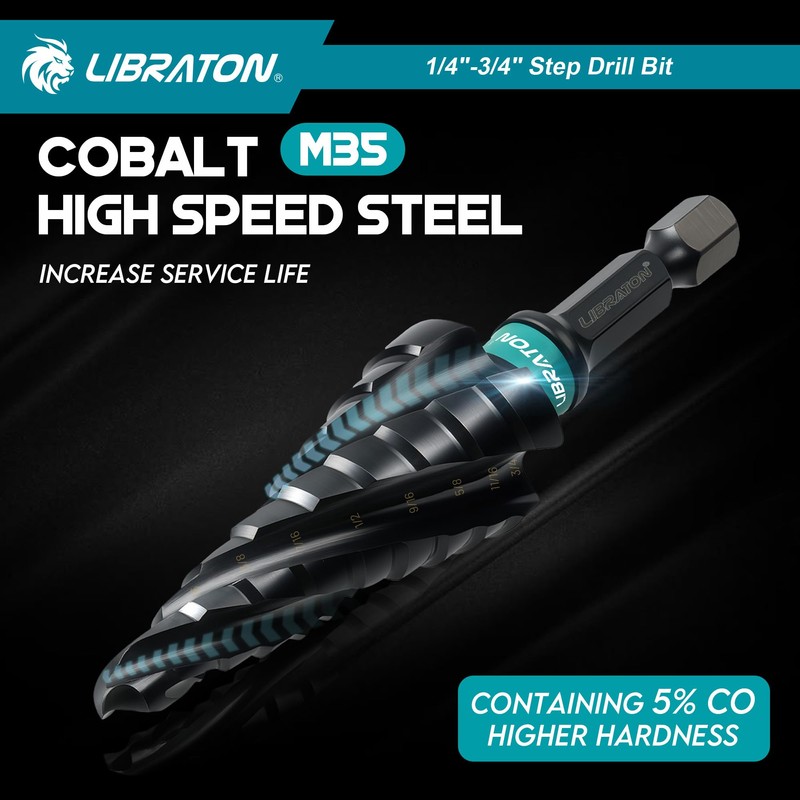 LIBRATON Four Spiral Flute Step Drill Bit, M35 Cobalt Unibit