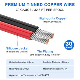 30 AWG Stranded Wire Spool, 32.8ft Each in 8 Colors - Silicone Electrical Tinned Copper Wire, 30 Gauge Flexible Hook Up Wire Kit for DIY, Automotive, Home, and Power Wiring