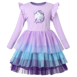 VASCHY Purple Unicorn Dress for Girls, Tulle Dress Cotton Ruffle Sleeve Princess Birthday Party Outfit Clothes,Toddler/Little/Big Kid Girls 3T