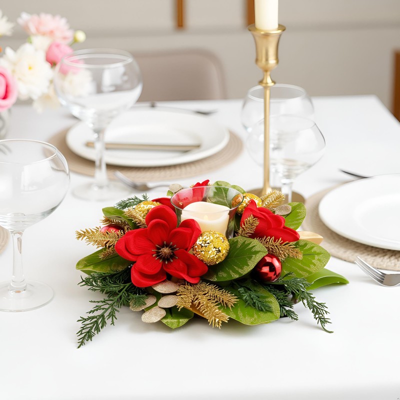 YULETIME 18-in Centerpiece with Flameless LED Candle Holder, Red Magnolia