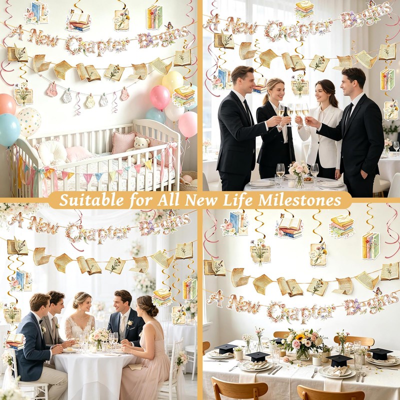 A New Chapter Begins Banner Floral Book Hanging Swirls Baby