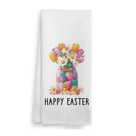 NOQL Happy Easter Eggs Floral Decor Kitchen Towels and Dishcloths Set of 2, Easter Gifts Hand Towels for Kids, Easter Spring Flower Drying Cloth Hand Towels Tea Towels for Bathroom Kitchen, 16x24 Inch