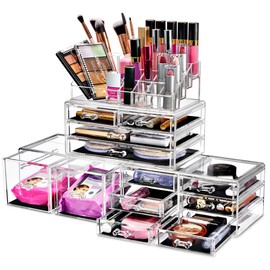 Sorbus Large Makeup Organizer - Clear Stackable Jewelry Makeup Organizer for Vanity, Bathroom Storage Display Case - 12 Drawers Cosmetic Beauty Organizers and Storage with Lipstick Makeup Brush Holder